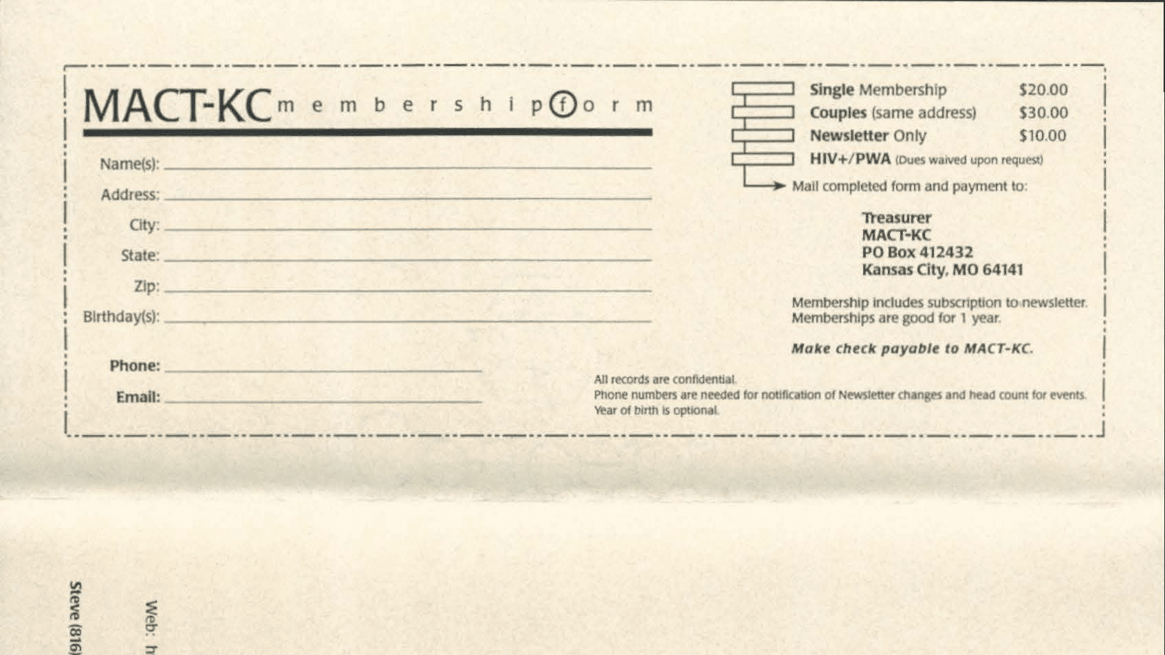 A membership form to join the Men of All Colors Together-Kansas City. The left side collects demographic information, while the right lists fees for single and couples membership, receival of newsletters, and HIV+/PWA membership–explicitly stating fees can be waived for members who were positive.