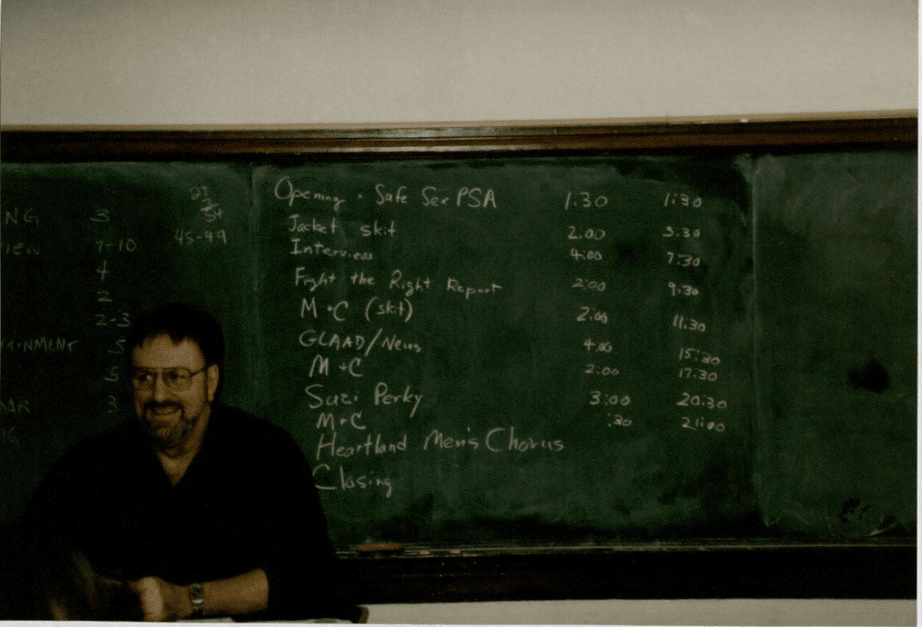 Run-of-show on chalkboard for Kansas City's Gay & Lesbian Variety Show, 'Out There'