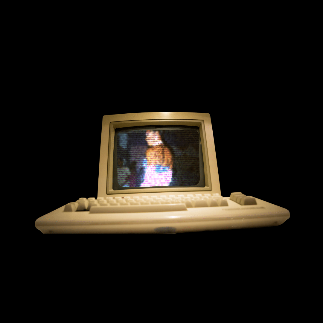 Woman in beige computer against black ground, graphic for {B/qKC}: Black queer digital archive